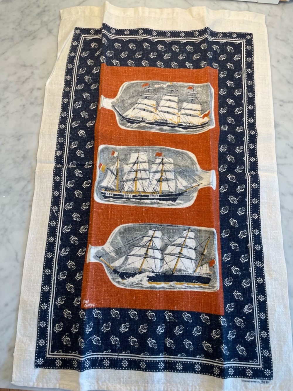 Vintage Linen Ship in a Bottle Towel